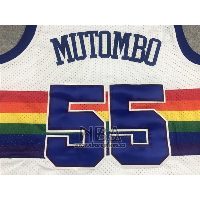 Camiseta Denver Nuggets Dikembe Mutombo NO 55 Hardwood Classics Throwback Blanco